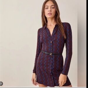 Reformation Hugh Button Up Long Sleeve Mini Dress Burgundy Retro Print size XS 0